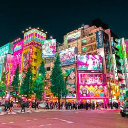 A colorfully lit Akihabara City at night