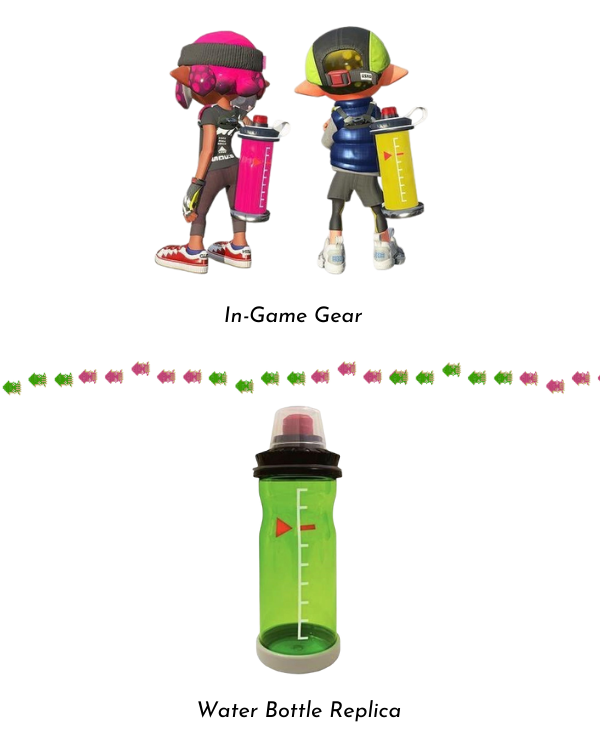 A stacked comparison of the in-game Splatoon Ink Tank gear and Sun Art's water bottle replica