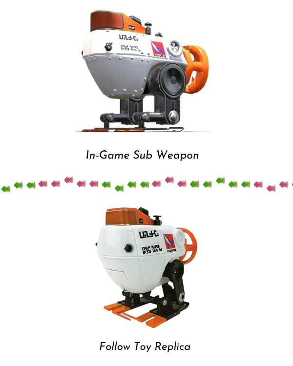 A stacked comparison of the in-game Splatoon Autobomb sub weapon and Sun Art's walking toy replica