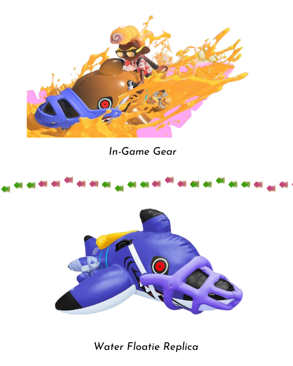 A stacked comparison of the in-game Splatoon Reefslider special and Sun Art's pool float replica