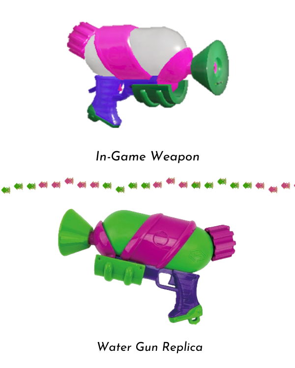 A stacked comparison of the in-game Splatoon Splattershot weapon and Sun Art's water gun replica