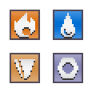 Type Matchups Pixel art showing Pokemon type icons of fire, water, ground, and steel types